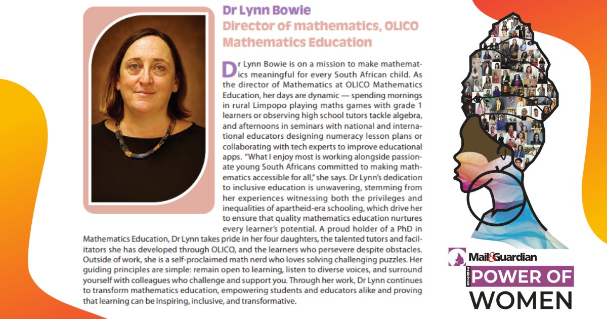 We are so excited to announce that our very own Director of Mathematics - <a href="/LynnBowie/">Lynn Bowie</a>  - has been recognised as a <a href="/mailandguardian/">Mail & Guardian</a>
Powerful Women of 2025 in the Education sector. Congrats Lynn - well deserved! #MakingMathsMakeSense #PowerOfWomen