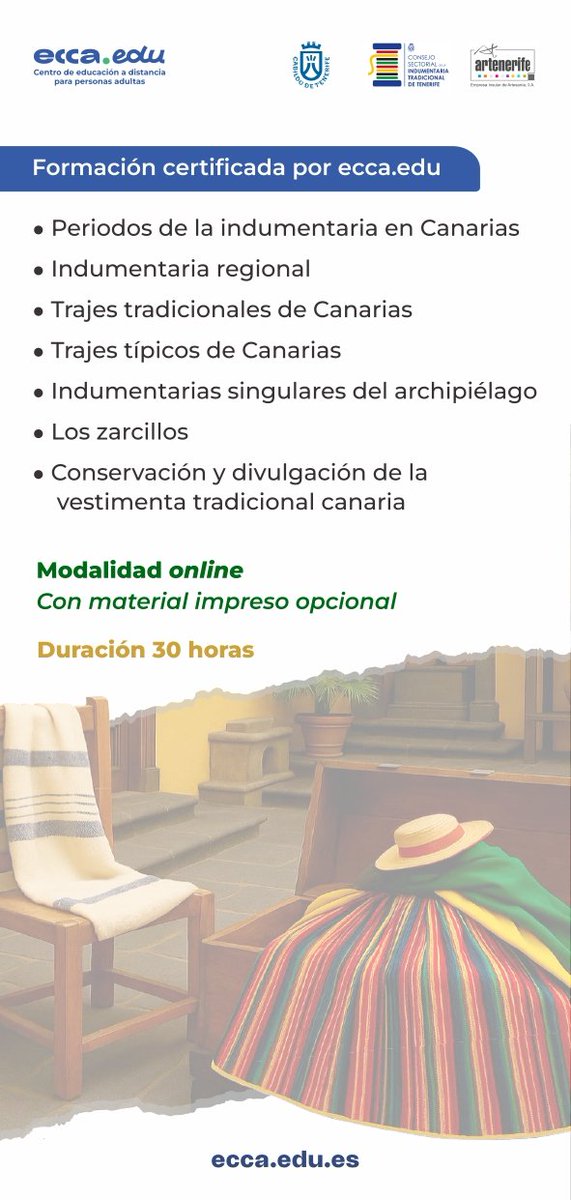 🧵✨ ✨🗣️ Matrícula abierta: Curso “La Indumentaria Regional Canaria: un tesoro cultural” @cabildotenerife junto <a href="/eccaedu/">ecca.edu</a>
Un espacio de aprendizaje donde descubrirán la historia, los tejidos, las técnicas... de nuestra indumentaria tradicional 👗🌿
🔗 ecca.edu.es/curso/indument…