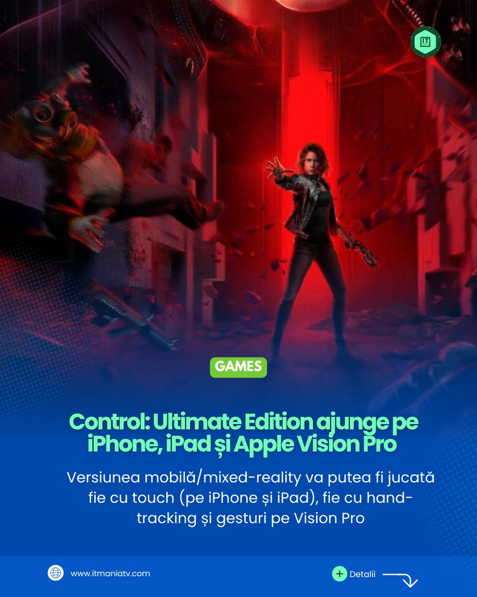 ITMANIATV's tweet image. „Control: Ultimate Edition” vine pe iPhone | iPad | Vision Pro în 2026. Touch, hand-tracking, controllere + Foundation & AWE. Pe Mac e 40 USD. Ready pentru Oldest House? 🟥 #ControlGame #Remedy #AppleVisionPro #iPhoneGaming