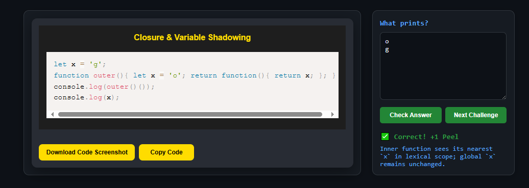koomekelvink's tweet image. Javascrpt closures

🔽the inner x lives in the closure’s scope —
the outer x stays untouched.

Closure challenge -&amp;gt; 
peelcode.devsip.tech/peel/closure/i…

#javascriptlearning #javascripttips #SoftwareDevelopment #SoftwareEngineering #buildinpublic #letsconnect #100DaysOfCode