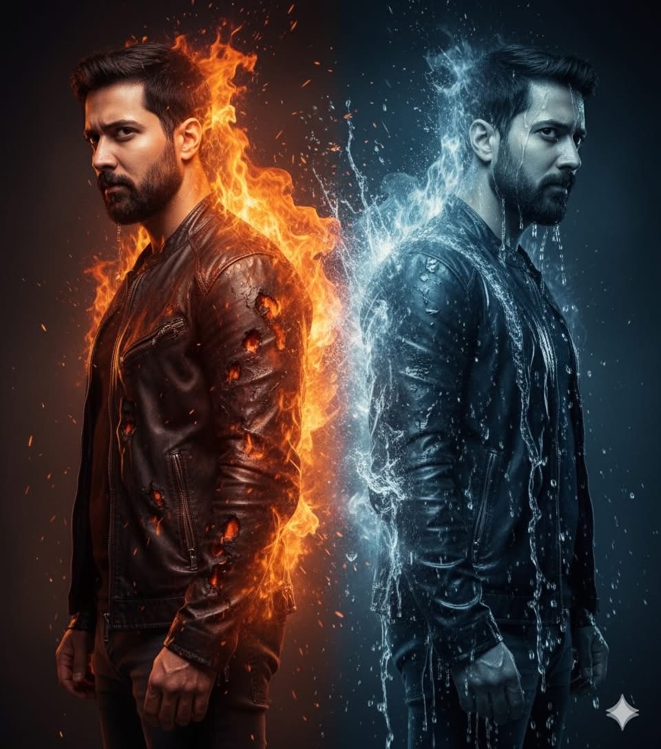 YaseenK7212's tweet image. Gemini Nano Banana Prompt:
Epic cinematic hyper-realistic portrait of two identical men (attached photo), standing back to back in perfect symmetry. The man on the left is engulfed in roaring flames, glowing embers swirling around his scorched leather jacket, illuminated by…