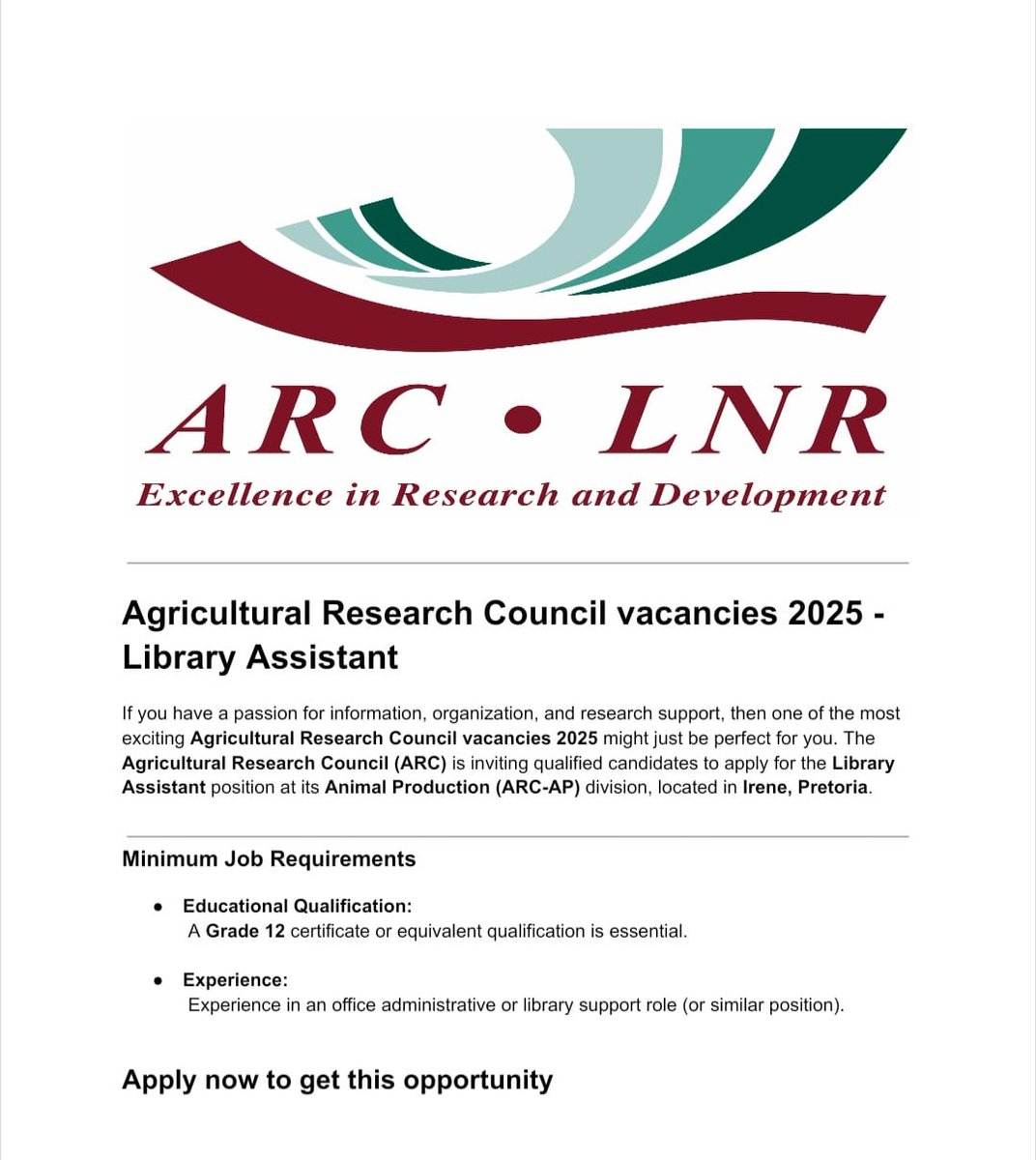 Apply for the Library Assistant position at Agricultural Research Council. 

✅Library Assistant 

Salary: R18,000 - R23,000 per month 

Requirements 
- Grade 12 or equivalent qualification
- Computer literacy and proficiency
- experience in office administrative or similar