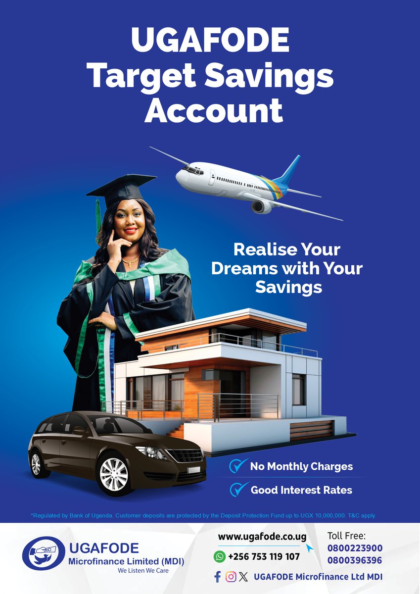 Save with purpose. Grow with confidence.

At UGAFODE, we help you achieve your goals through the Target Save Account your smart path to consistent saving and financial growth. 
✅ No monthly fees
✅ High interest rates
✅ Flexible saving periods
Start your journey today. #Savings