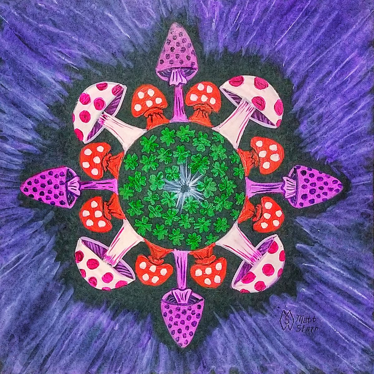 October 15th is National Mushroom Day.  I painted these magic mushrooms with acrylics in a mandala design with a bunch of four-leaf clovers in the center. fineartamerica.com/featured/lucky… 

#mattstarrfineart #art #paintings #mushroom #mushrooms #fungus #food #magicmushrooms