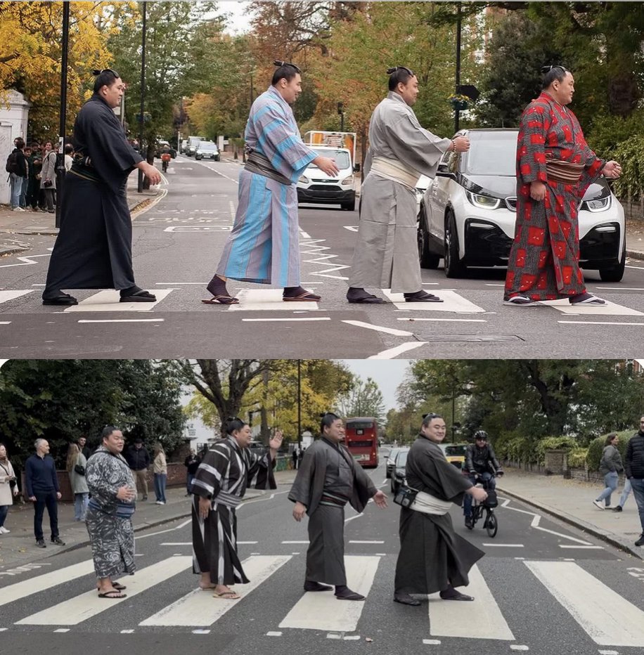 ultra_wimp's tweet image. Embarrassingly excited to be on my way to London to watch sumo at the Royal Albert Hall tonight.
Who did Abbey road better? The Mongolians (top from L to R: Roga, Oshoma, Kirishima & Tamawashi) or the Japanese (bottom from L to R: Daieisho, Abi, Wakamotoharu and Takanosho)?