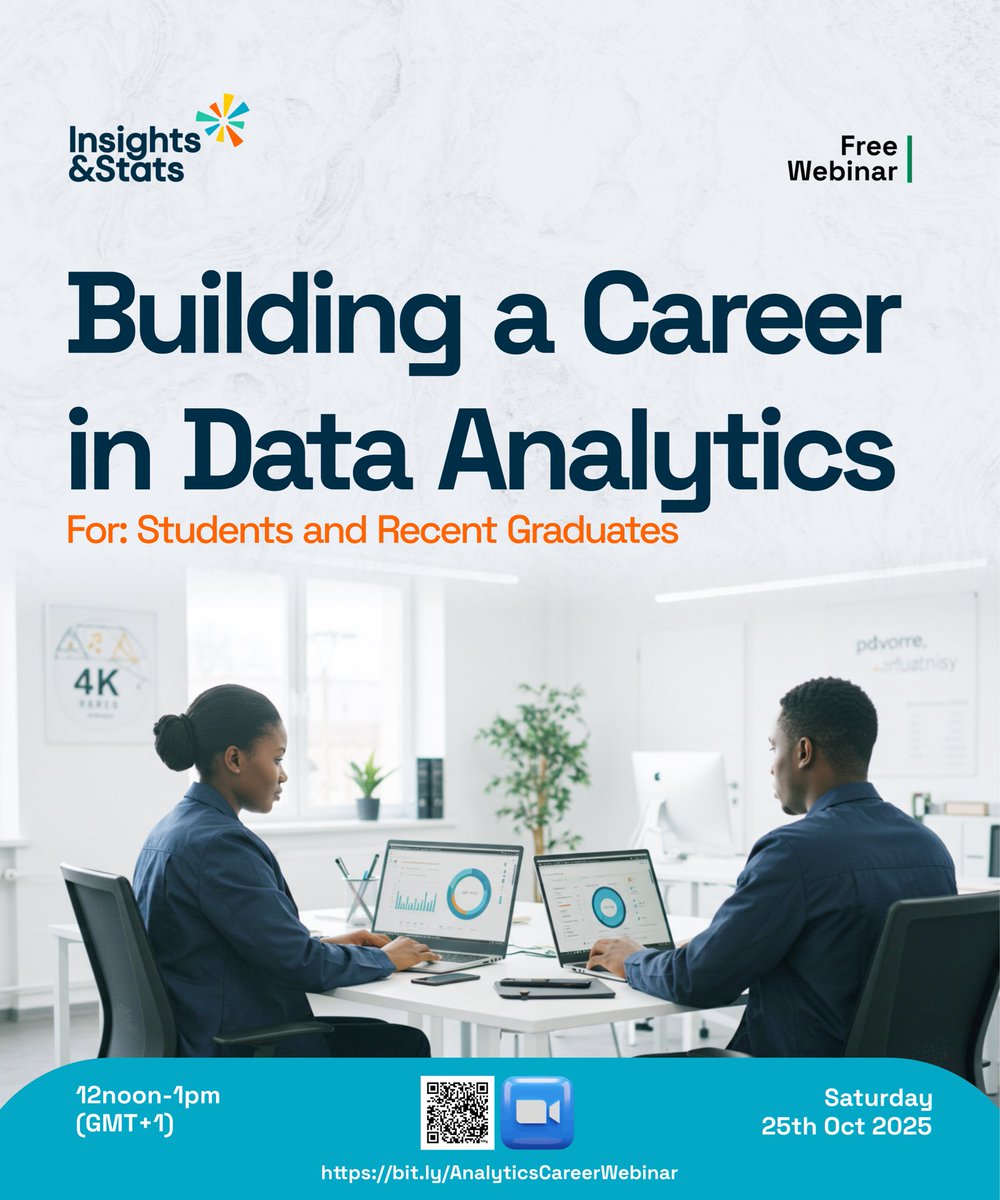 Ready to launch your career in the booming world of data?

Join our free webinar, “Building a Career in Data Analytics,” designed specifically for Students and Recent Graduates.

📅Saturday, 25th October 2025 
🕤12noon - 1pm (GMT+1) 

bit.ly/AnalyticsCaree…

#insightsandstats