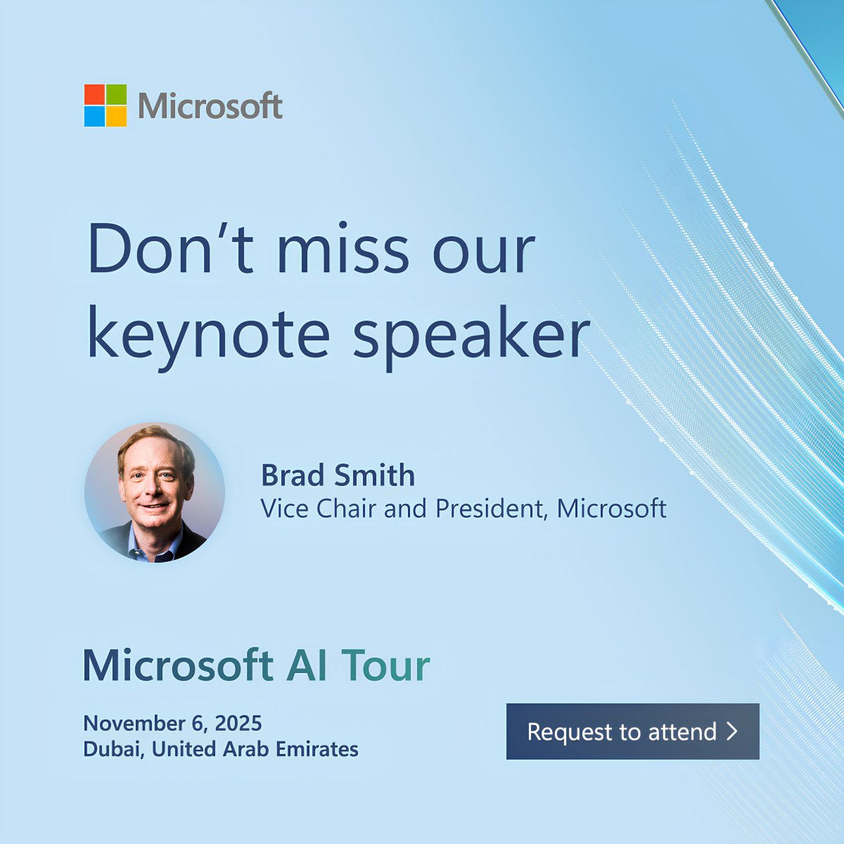 Request to attend the #MicrosoftAITour in Dubai and hear Brad Smith's impactful keynote on becoming a frontier leader in AI: msft.it/6013s4bDd