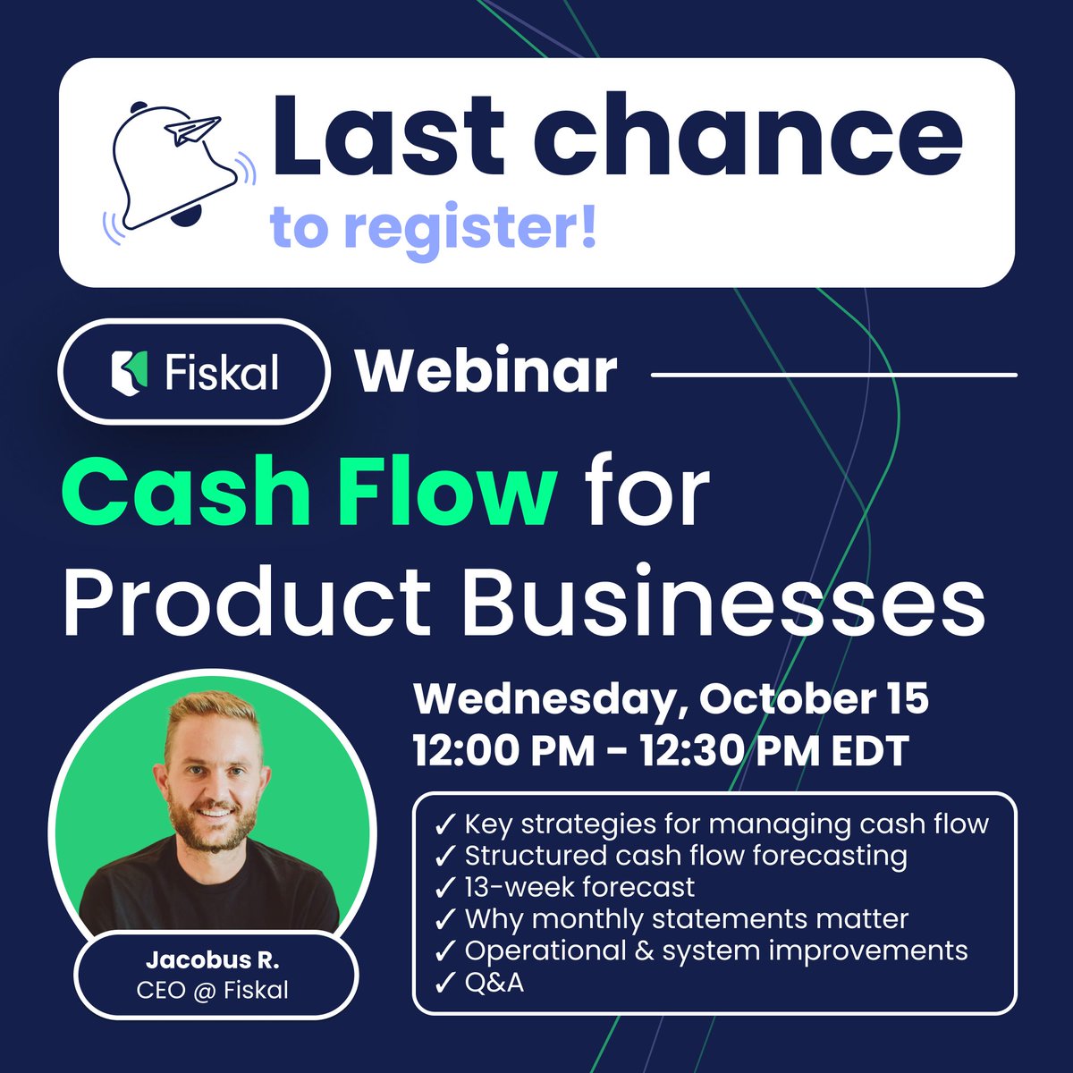 profroets's tweet photo. Profitable on paper. Broke in real life?

Join me today for a no-fluff webinar on Cash Flow for Product Businesses.

🗓️ Oct 15 | ⏰ 12pm EDT
📍 Live on LinkedIn & YouTube
🔗 https://t.co/tErxov6Xqu

What you’ll learn:
✅ 13-week cash forecasting (for real)
✅ How to read your cash flow statement
✅ Why @Cin7online  + @QuickBooks/@Xero  setups break visibility
✅ How smart brands fix cash flow before it breaks

#CashFlow #ERP #Cin7 #FinanceOps #Ecommerce #CPG #FiskalFinance