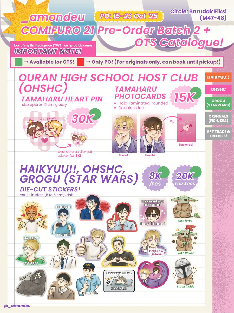 _amondeu's tweet photo. [❤️+🔁 are appreciated!]

#CF21 PO Batch 2 + OTS catalogue!

🛒 P.O : 15-23 Oct '25
📍Barudak Fiksi (M47-48)
📅  BOTH DAYS (PICK-UP ONLY)
☀️ Originals (fish), Haikyuu, Ouran Highschool Host Club, Star Wars (Grogu)
🔗 https://t.co/nIQGZMNRDw

1/2
#CFXXI #cf21catalogue #Comifuro21 https://t.co/1syYZbnUSD