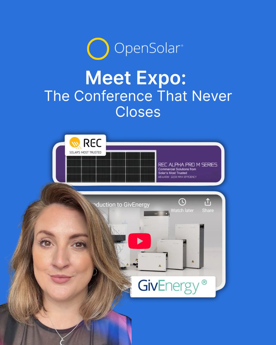opensolar's tweet photo. Conferences are epic, but they’re also exhausting, expensive, and gone in a flash.

Meet Expo: the world’s first online solar expo, available 24/7, 365 days a year. 

👉 Read Hollie’s blog: https://t.co/d5R5ijSs4y

#OpenSolar #Expo https://t.co/cVr6r9HYeu