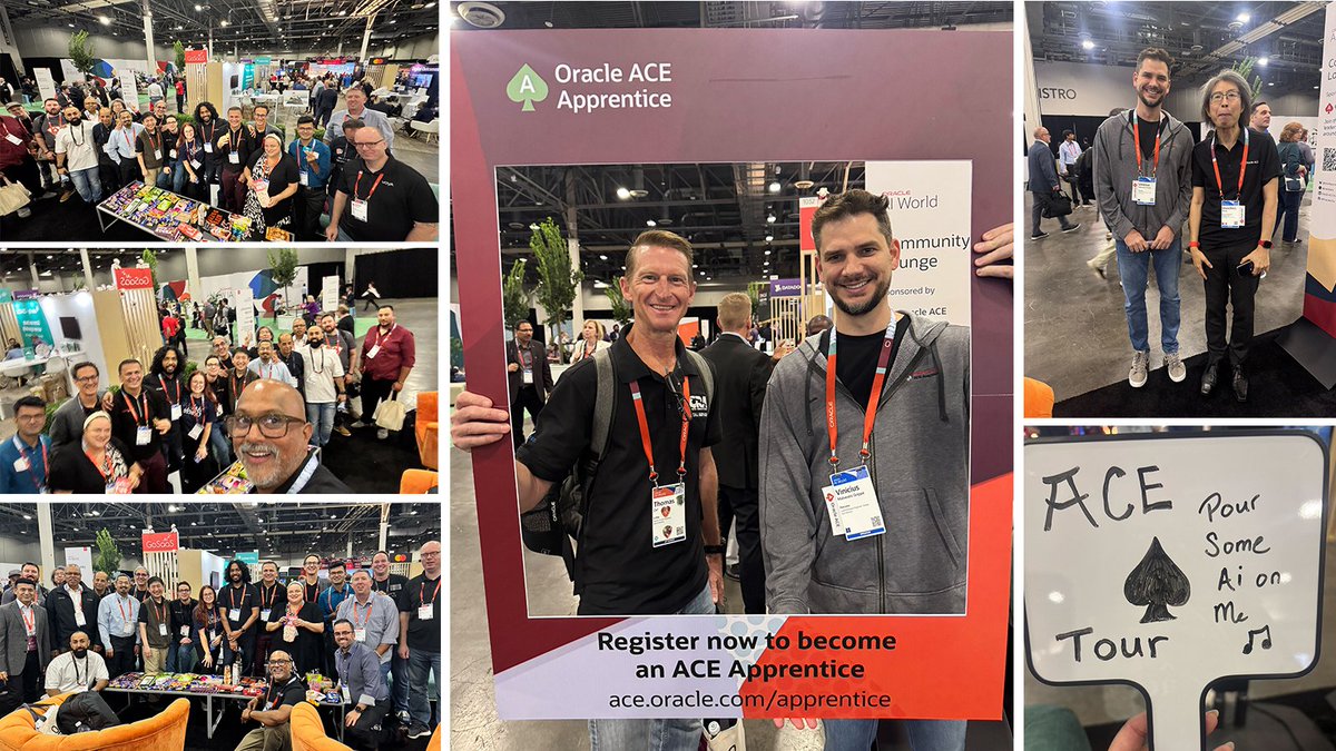 oracleace's tweet image. 📸 We’re capturing memories and making new friends! Day 1 at #OracleAIWorld featured ACEs popping by our lounge, enjoying treats, and connecting over great conversations. If you missed it, don’t worry—today is your chance to join in, meet ACEs, and make your mark.
See you at the…