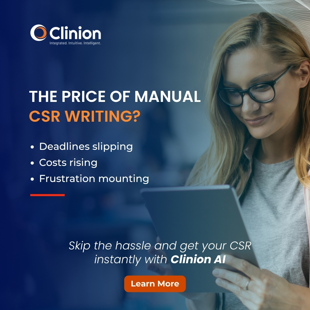 clinion's tweet image. Another CSR, another round of endless edits. Sound familiar? #ClinionAI completes your Clinical Study Reports instantly. Ready to see how?
clinion.com/csr-automation/

#AIinClinicalTrails  #CSRAutomation #NextGenWithClinion #ClinionInnovation