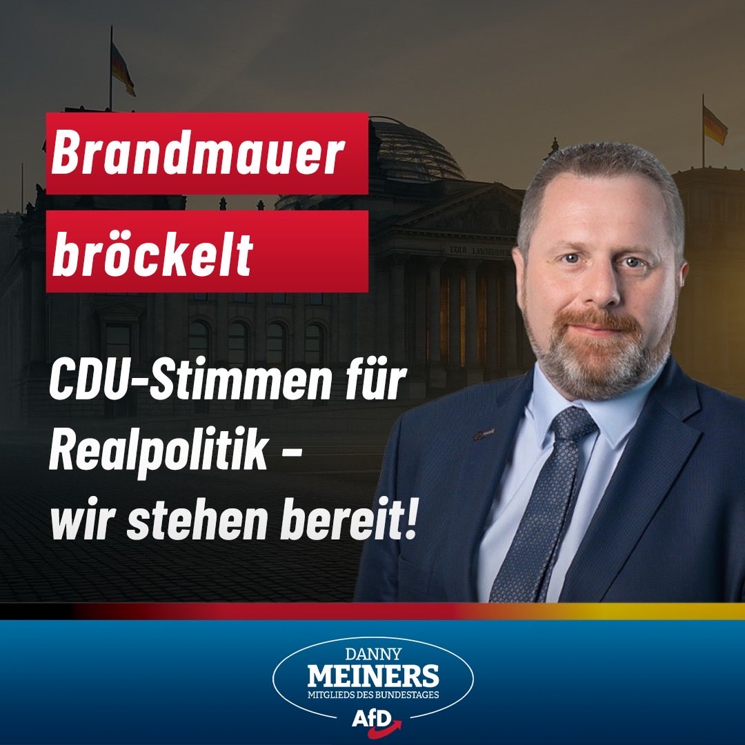 DannyMeinersAfD's tweet photo. Heute zeigt sich, dass die Erzählung „Alle gegen die AfD“ der Realität nicht mehr standhält. Ex-CDU-Generalsekretär Peter Tauber warnt vor weiterer Stigmatisierung und plädiert für rote Linien statt Totalblockade. Karl-Theodor zu Guttenberg bringt in schwierigen Landeslagen sogar Minderheitsregierungen ins Gespräch, die sich bei wichtigen Beschlüssen auch auf AfD-Stimmen stützen. 
Ein Tabu bricht, Pragmatismus kehrt zurück. Genau das fordern wir seit Jahren: Inhalte zählen, nicht Parteifahnen. Ich setze mich dafür ein, dass vernünftige Mehrheiten zustande kommen, für sichere Grenzen, bezahlbare Energie und die Entlastung der Bürger. Brandmauern nützen niemandem. Sachpolitik nützt allen.

Quelle:

https://t.co/sekndmt1Mt

@AfD @AfD_LV_NDS @AfDimBundestag