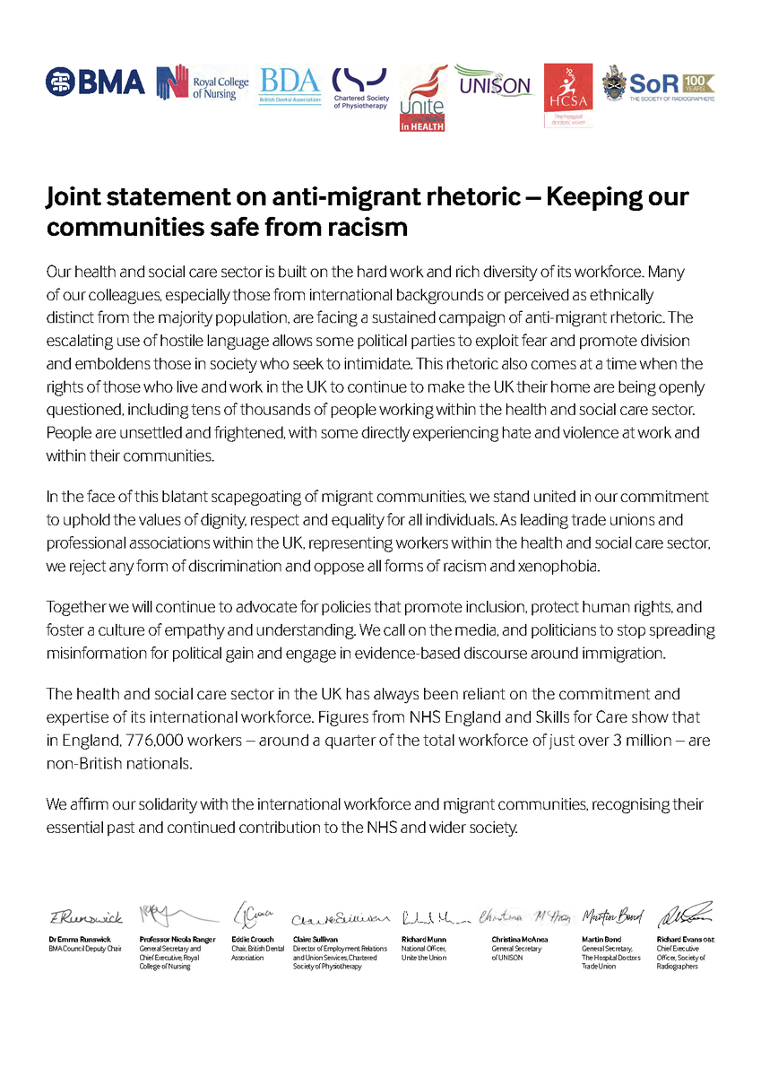 UNISON signs joint union letter calling for an end to the escalation of anti-migrant rhetoric.

“Our health and social care sector is built on the hard work and rich diversity of its workforce."

Read our joint statement
unison.org.uk/content/upload…