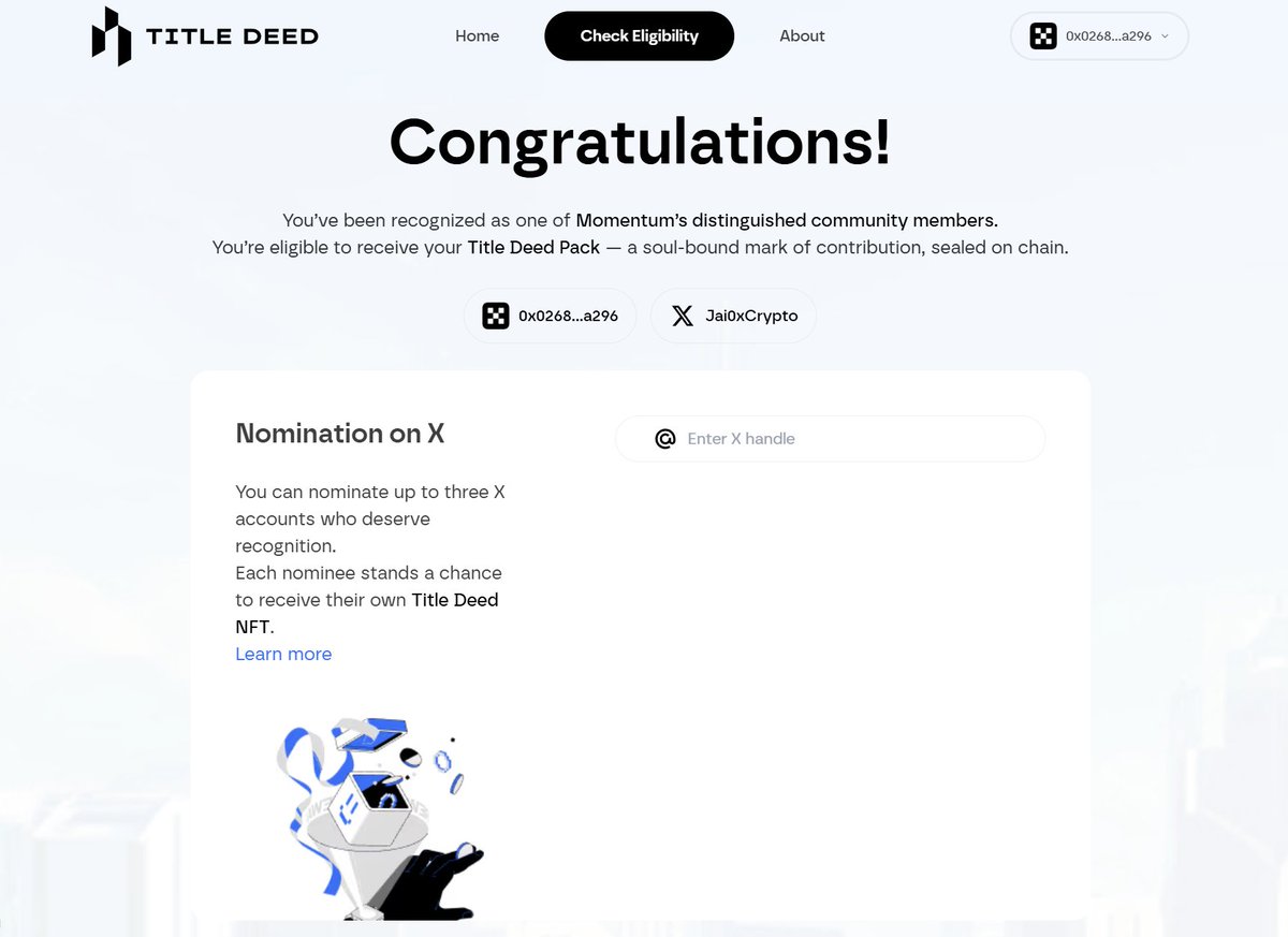 Momentum's Title Deed Nomination Phase is now LIVE

I am glad to share that I am eligible for a Momentum Title Deed and I will be nominating 3 people who like, RT and engage on this post.

This could be your chance to win a solid rewards in $MMT

The more you engage, the higher