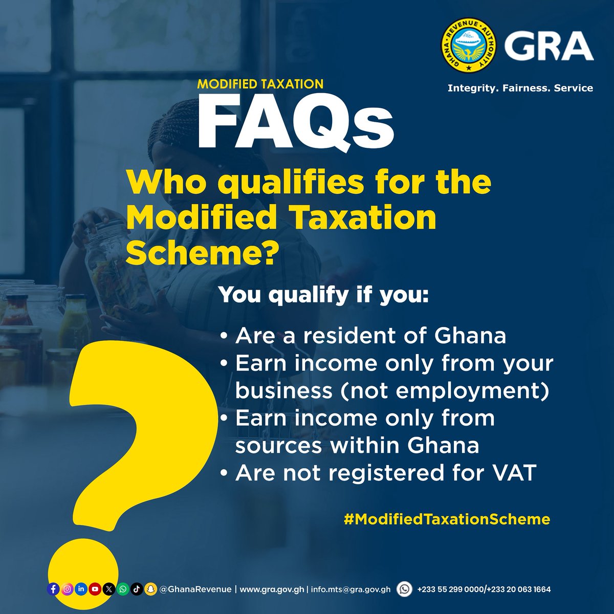 GhanaRevenue's tweet photo. Do you qualify for Modified Taxation?
Visit https://t.co/ipT60mJDCj or call 0800 900 110 for more information

#GRA #GhanaFIRST #ModifiedTaxation #InformalTax #ArtisanTax https://t.co/H0Beu8D3pH