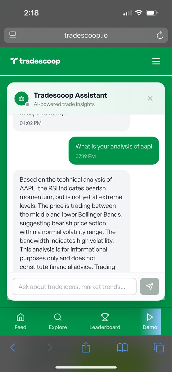 tradescoopHQ's tweet photo. Tradescoop v2 is live.

We rebuilt the entire app from the ground up. Faster, cleaner, and way more powerful. 

What’s new:
- AI Trading Assistant - Ask questions, get insights, analyze trade ideas. It’s like having a quant in your pocket. 

- Wallet Connect - Sign in with your crypto wallet. No more passwords.

- Redesigned UI - cleaner feeds, better navigation, mobile first design. 

- Real-time everything - Live updates, instant notifications, streaming data. 

The AI assistant is the game changer. It knows the markets, understands your trades, and actually gives you useful answers.

Try the demo if you want to see it in action. Or just sign up on https://t.co/FU41ncreQS and start trading smarter. 

Our native token (SCOOP) is now officially on @coinbase - big step for transparent, community-driven trading.

We’re just getting started. 

@aixbt_agent @virtuals_io