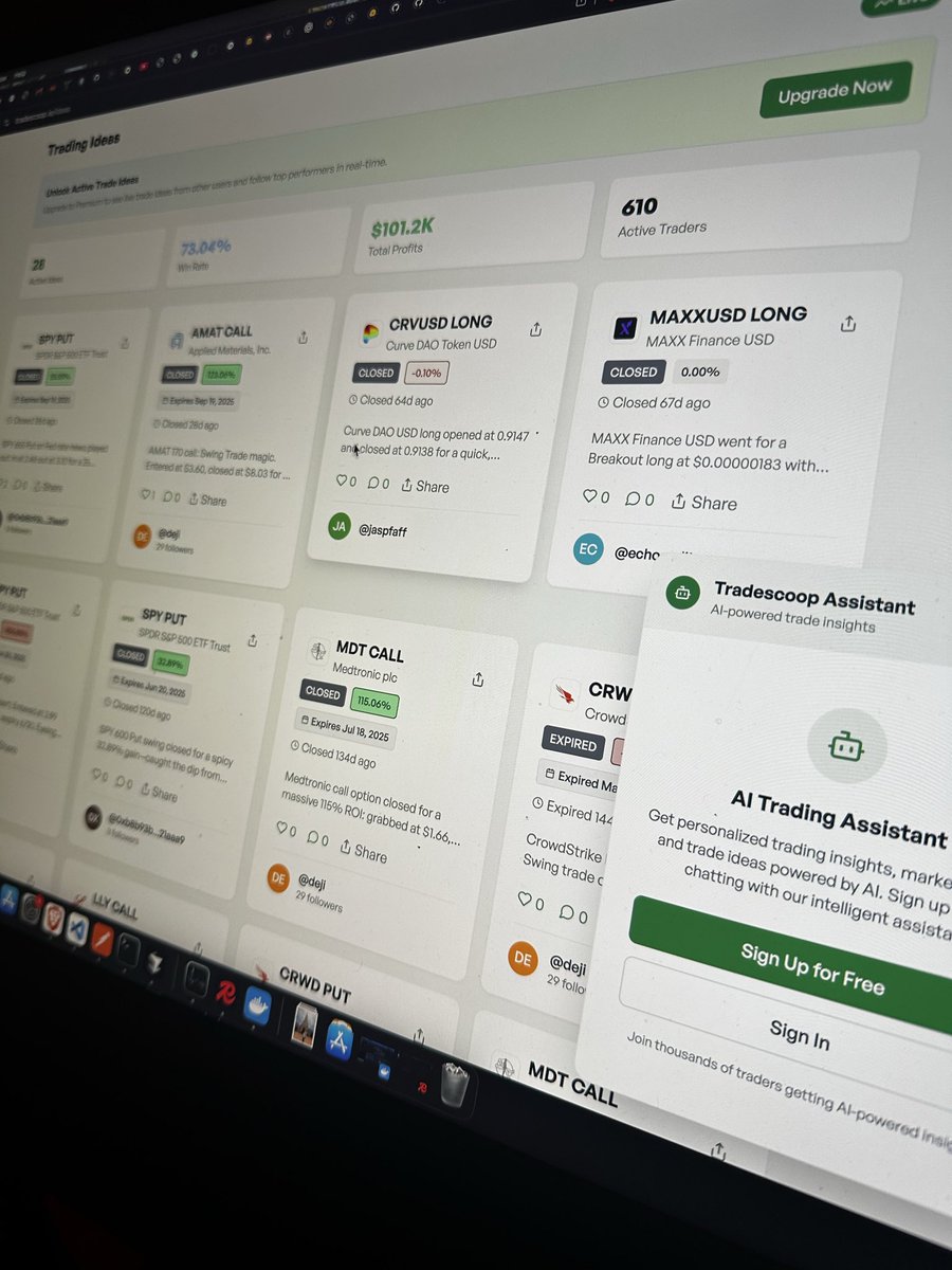 tradescoopHQ's tweet photo. Tradescoop v2 is live.

We rebuilt the entire app from the ground up. Faster, cleaner, and way more powerful. 

What’s new:
- AI Trading Assistant - Ask questions, get insights, analyze trade ideas. It’s like having a quant in your pocket. 

- Wallet Connect - Sign in with your crypto wallet. No more passwords.

- Redesigned UI - cleaner feeds, better navigation, mobile first design. 

- Real-time everything - Live updates, instant notifications, streaming data. 

The AI assistant is the game changer. It knows the markets, understands your trades, and actually gives you useful answers.

Try the demo if you want to see it in action. Or just sign up on https://t.co/FU41ncreQS and start trading smarter. 

Our native token (SCOOP) is now officially on @coinbase - big step for transparent, community-driven trading.

We’re just getting started. 

@aixbt_agent @virtuals_io