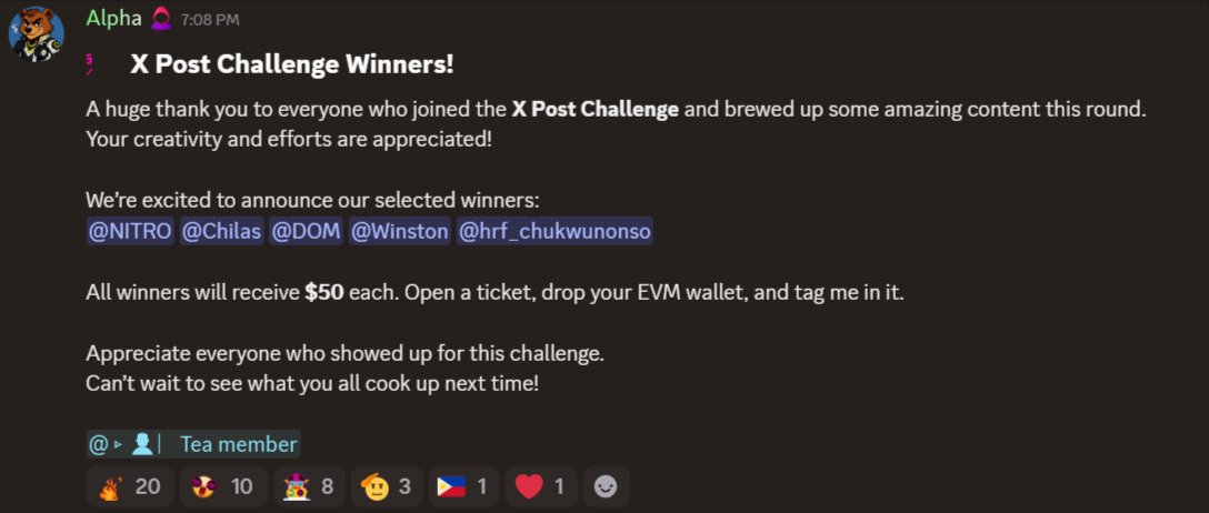syntax_php's tweet image. A huge shoutout to the Tea-Fi team and our amazing community for keeping the spirit alive and pushing creativity forward every single round. 🙌
Your energy, ideas, and passion make Tea-Fi what it is. ❤️
Here’s to even bigger things ahead — stay tuned for the next challenge! ⚡…