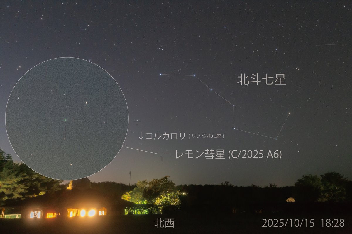 man_ten_bo_shi's tweet image. 本日10月15日日没後に撮影したレモン彗星(C/2025 A6)です。
現在レモン彗星は5等級の明るさです。肉眼で見るのは難しいですが、双眼鏡でしたらなんとか見ることができます。
10月17日(金)にはコルカロリの近くに見えます。
「遠い太陽系の外側からやってきたんだ」と思いながら観察してみましょう。