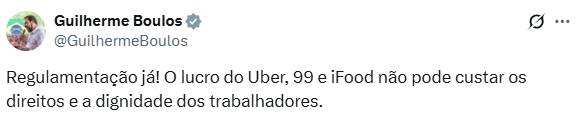 lucianocarvaIho's tweet image. Tudo pro pessoal do PSOL é REGULAMENTAÇÃO e ENCARECIMENTO DO SERVIÇO, é incrível.

A imensa maioria dos trabalhores desses aplicativos NÃO QUEREM REGULAMENTAÇÃO e preferem o modelo atual, claro que é possível algumas mudanças, mas essa galera insiste em regulamentar e tornar isso…
