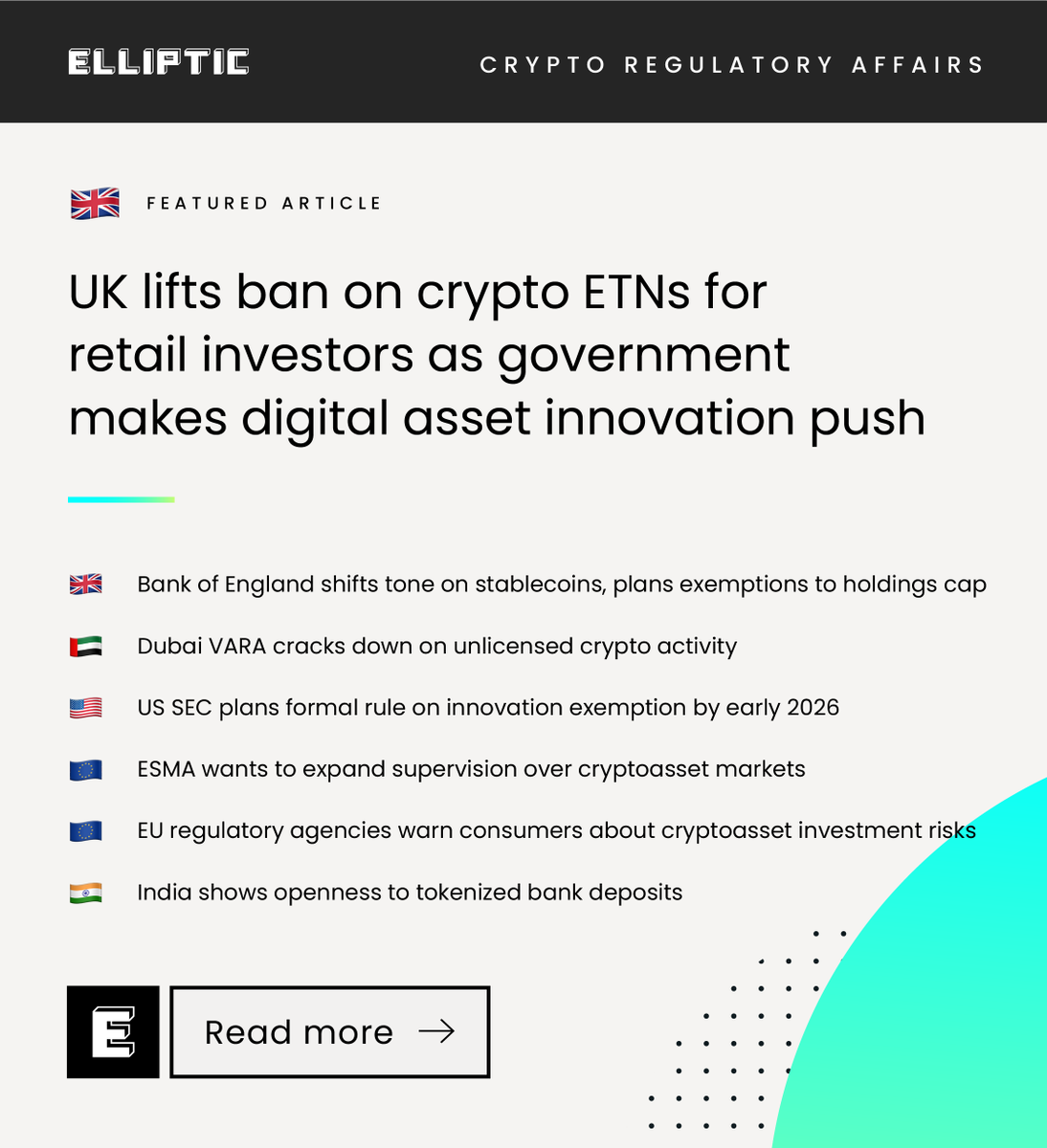 Crypto regulation is ramping up worldwide. The UK has lifted its ban on  crypto ETNs for retail investors. Regulated exchanges can now offer these  products, supported by new tax rules that allow
