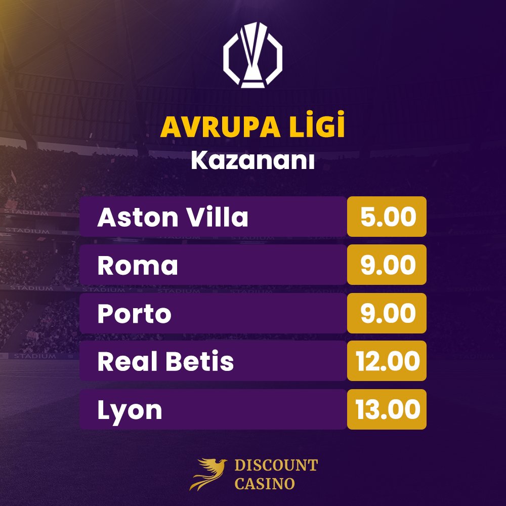 ⚽ Discount Casino'da Avrupa Ligi'nde Aston Villa (5.00), Roma (9.00) veya Porto (9.00) gibi takımlara yüksek oranlarla bahis yap, şampiyonu tahmin et ve kazanma şansını yakala! Discount Casino Giriş: tinyurl.com/4z5nx2ks