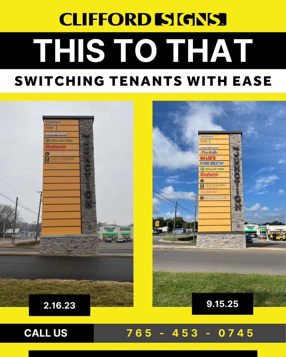 CliffordSigns's tweet image. From 7 tenants to 12 — all thanks to an adaptable sign design! 🙌
Easy-to-swap tenant panels make updates quick when businesses change. #GetVisible #TenantSignage #CliffordSigns