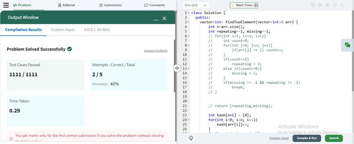 itsnazarealam's tweet image. #Day10 of #100DaysOfCode 🚀
Even during mid-sem exams, managed to stay consistent and solve 2 questions today 💪
1️⃣ Missing and Repeating No
2️⃣ Merge Intervals
Hectic days, but small progress every day counts! ⚡
#LeetCode #Striver #DSA #CodingJourney #TUFWinterArc @striver_79