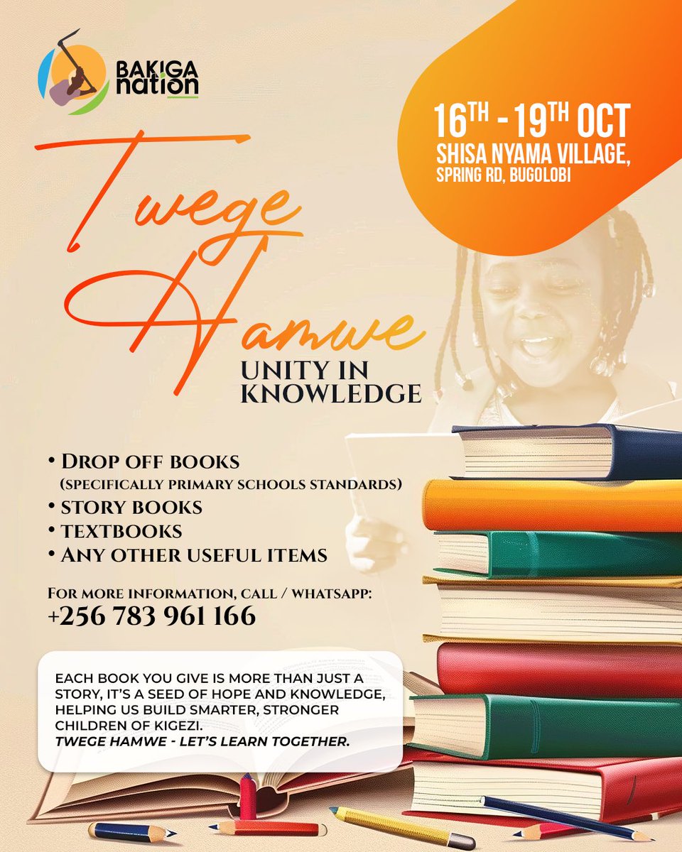 📚 #TwegeHamwe – United in Knowledge!

A Bakiga Nation initiative to inspire a love for reading among children across Kigezi.
We’re doing this because many young learners have the passion to read but lack access to books.

Together, we’re opening minds, nurturing dreams, and