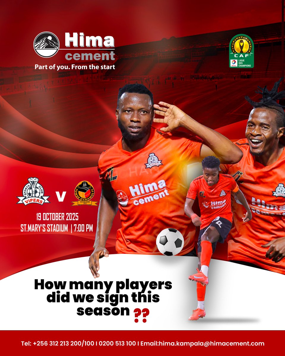 Hima Cement (@himacement) on Twitter photo ๐ฅ Game Day Giveaway! ๐ฅ
<a href="/VipersSC/">๐๐ข๐ฉ๐๐ซ๐ฌ ๐๐ฉ๐จ๐ซ๐ญ๐ฌ ๐๐ฅ๐ฎ๐</a> are back on the continental stage! ๐
Catch them this Sunday, 19th October, as they face Zambiaโs #PowerDynamosFC at St. Maryโs Stadium, Kitende at 7:00 PM! โฝ
Want to be part of the CAF action LIVE?
Hereโs your shot to win a ticket and cheer ๐ฅ Game Day Giveaway! ๐ฅ
<a href="/VipersSC/">๐๐ข๐ฉ๐๐ซ๐ฌ ๐๐ฉ๐จ๐ซ๐ญ๐ฌ ๐๐ฅ๐ฎ๐</a> are back on the continental stage! ๐
Catch them this Sunday, 19th October, as they face Zambiaโs #PowerDynamosFC at St. Maryโs Stadium, Kitende at 7:00 PM! โฝ
Want to be part of the CAF action LIVE?
Hereโs your shot to win a ticket and cheer