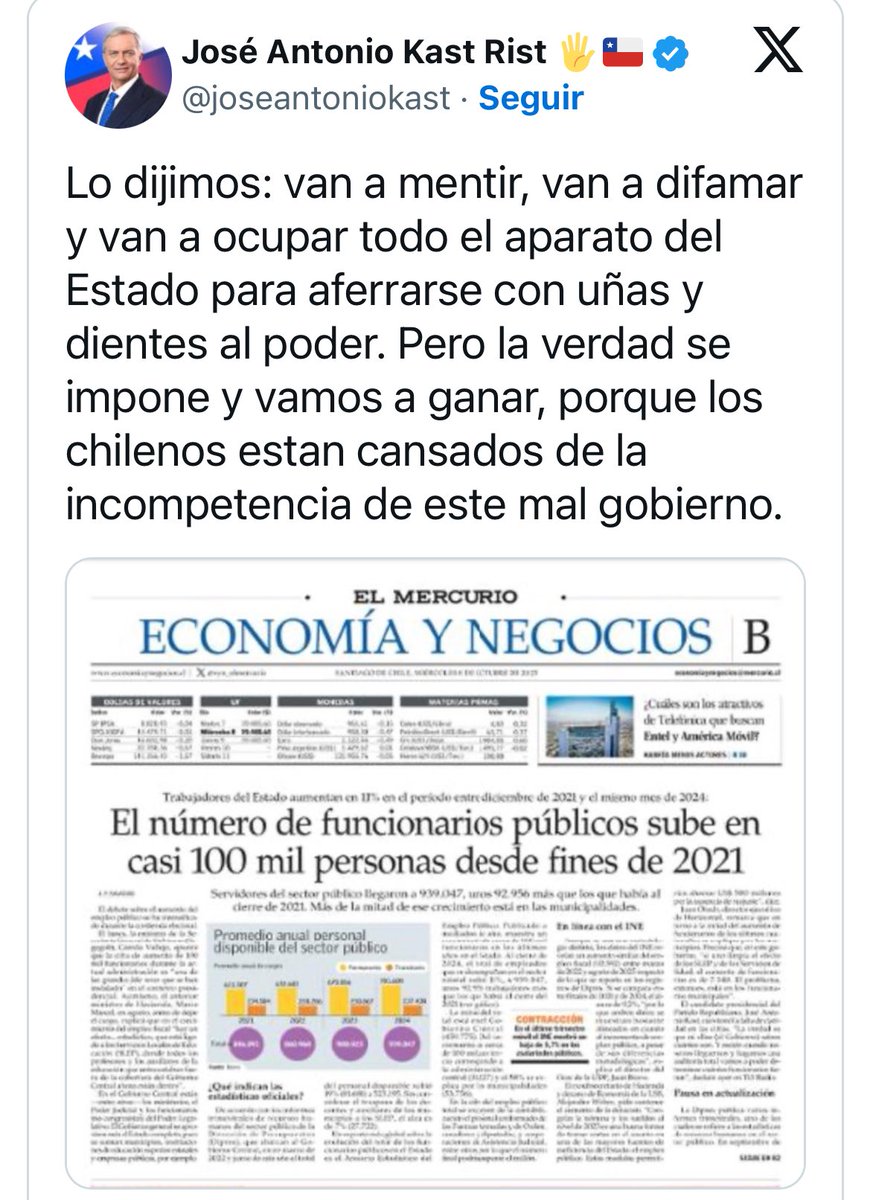 🚨DEMOLEDOR INFORME DEL CONSEJO PARA LA TRANSPARENCIA PARA LA CAMPAÑA DE KAST🚨

Esta institución acaba de confirmar que el gobierno de Gabriel Boric solo
Aumentó 9.400 funcionarios más en el 2024 comparado con el 2023 - en el gobierno central- , muy alejado de los 100 mil que