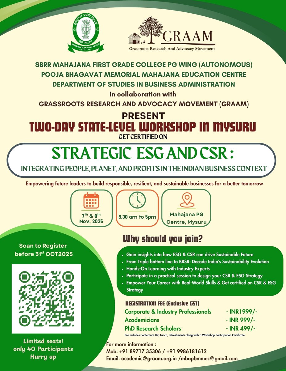 Become a certified CSR &amp; ESG Professional 🌿

Two-Day State-Level Workshop in Mysuru on
Strategic ESG &amp; CSR: Integrating People, Planet &amp; Profits
7th &amp; 8th November 2025

#CSR #esg