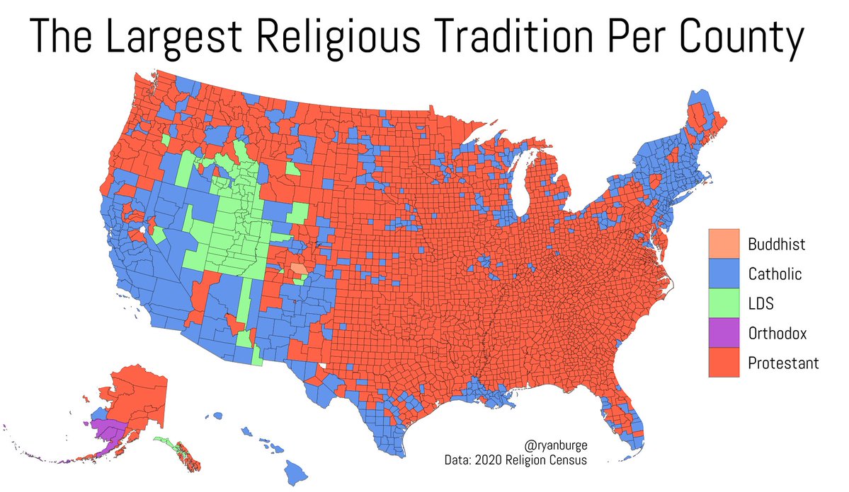 There are more Catholics than Protestants in most counties in the Northeast and Southwest. 

But Protestants dominate almost all the midsection of the country. 

Obviously, lots of LDS in Utah and surrounding places.