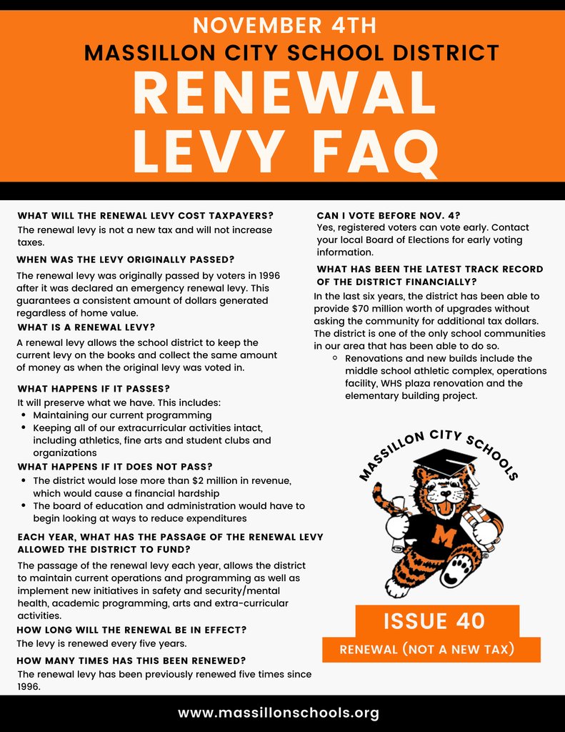The Massillon City School District will have a renewal levy on the ballot on Tuesday, November 4th.

Check out the list of frequently asked questions regarding Issue 40 below.