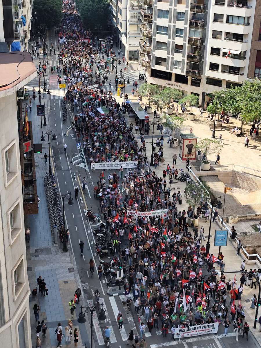 🔥🇵🇸 Vaga general per Palestina lliure a València ‼️

Vàries milers de persones ens manifestem per una ruptura de relacions amb Israel, l'embargament integral, les sancions a l'estat i la fi del l'ocupació, de l'apartheid i del genocidi a Palestina! ✊🏽

#15O
#PalestinaLliure
#BDS