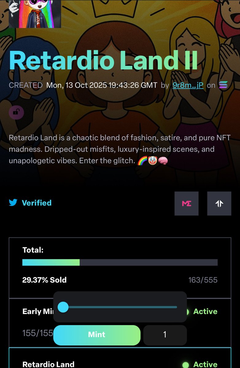 Re_Tardi0's tweet image. 🔥 Retardio Land is on fire! 🔥
💥 163 minted — we’re already close to 30% SOLD OUT!
The free mint is officially gone, and the momentum is just starting 🚀
📢 BIG GIVEAWAY announcement drops TODAY 🎁
Big holders will have the edge 👑
Don’t wait till it’s too late ⏳
👉…