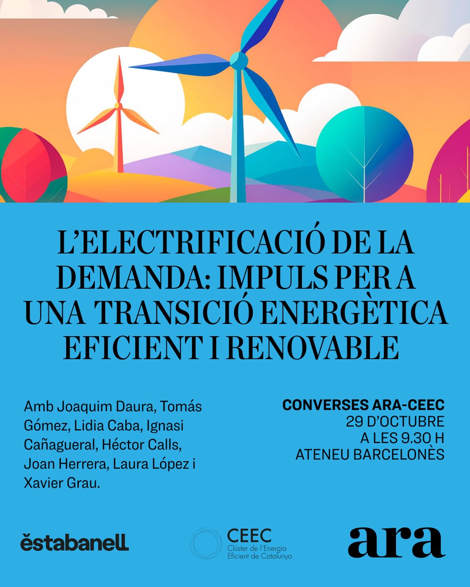 diariARA's tweet image. L’electrificació de la demanda pot fer més eficient el sistema energètic? 🔌

Debatem sobre la qüestió amb Joaquim Daura, Tomás Gómez, Lidia Caba, Ignasi Cañagueral, Héctor Calls i Joan Herrera, en una jornada presentada per Laura López i Xavier Grau.

📅 29 d&apos;octubre · 9.30 h
📍…