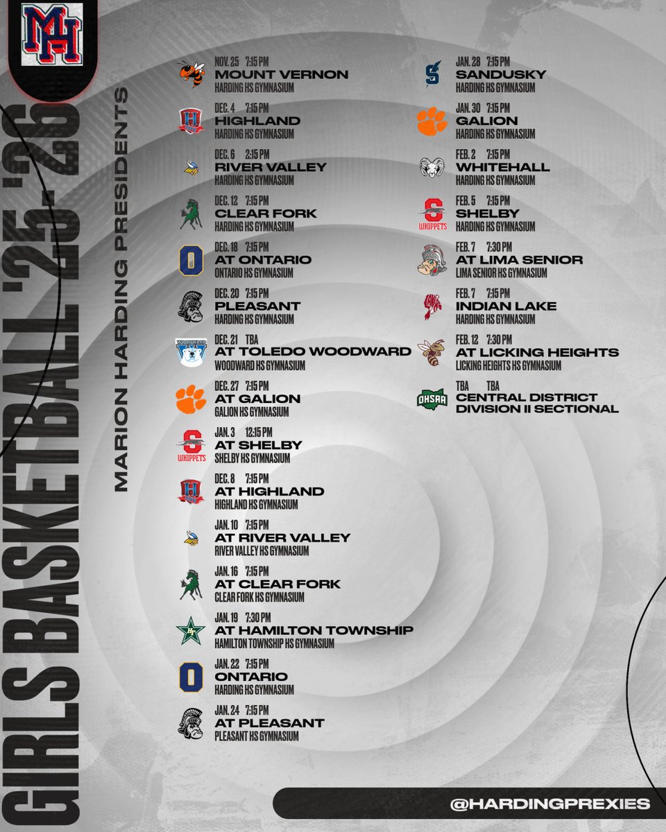 🔴⚫Winter Schedule Release #2
🏀Girls Basketball
Go Presidents!
<a href="/MCSPresidents/">Marion City Schools</a> 
<a href="/SuptMurphyMCS/">Brian Murphy</a>
<a href="/McMotorsport/">Rob McCurdy</a>