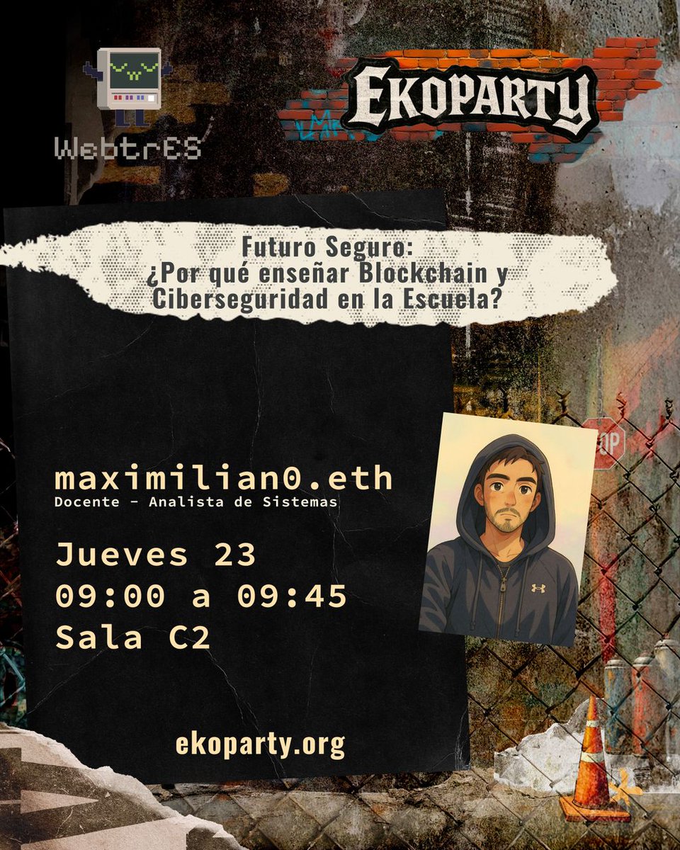 <a href="/crypto_dev_1/">Franco03</a> 🗣️ "Futuro Seguro: ¿Por qué enseñar Blockchain y Ciberseguridad en la Escuela?"
<a href="/cesaciondepagos/">Maximiliano</a> 

🗓️ Jueves 23 de 09:00 a 09:45 
📍 Sala C2, CEC - Buenos Aires
#EKO2025

Esta charla plantea la necesidad urgente de introducir conceptos de blockchain y seguridad informática en la
