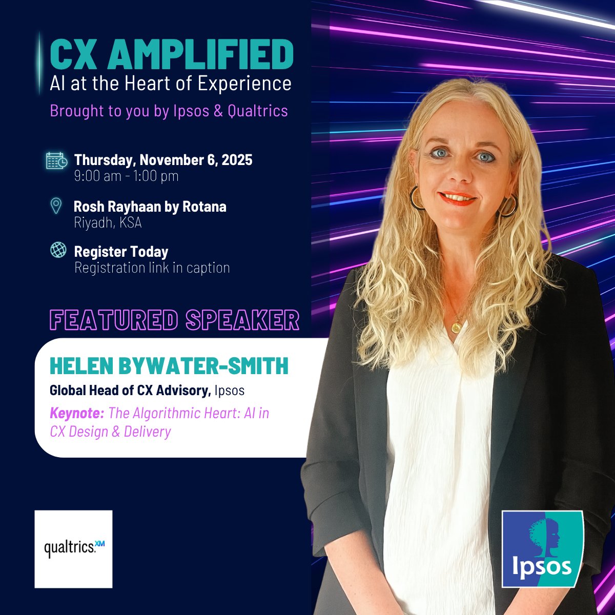 AI is reshaping how experiences are imagined and delivered.
At our CX Amplified event in KSA, Helen Bywater-Smith, Global Head of CX Advisory at Ipsos, explores “The Algorithmic Heart: AI in CX Design &amp; Delivery.”
🔗Register to attend: lnkd.in/d8VK4zzd