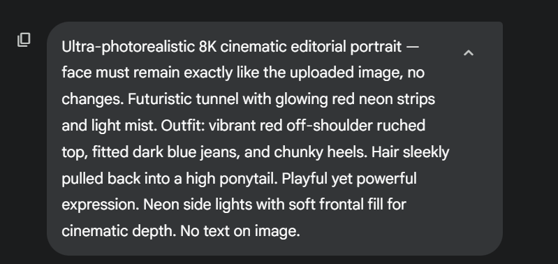 AbPrompts's tweet image. Turn your image into a work of art 🎨
1️⃣ Open Gemini
2️⃣ Upload your photo 📸
3️⃣ Use an art-style prompt ✍️
4️⃣ Hit Generate ⚡
#AI #Gemini #AIGenerated