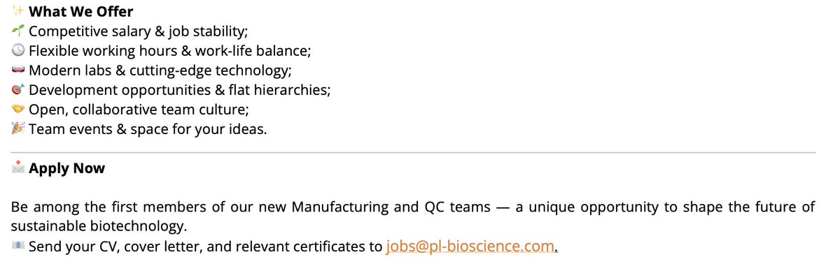🤯Have you heard the news? We’re #hiring!

💪Join our #QualityControl &amp; #Manufacturing Teams.

👇Check open positions, visit pl-bioscience.com/jobs for all the information, and come #JoinUs in Innovating Cell Culture🧡

#JobOffer #HumanPlateletLysate #Biotechnology #CellCulture