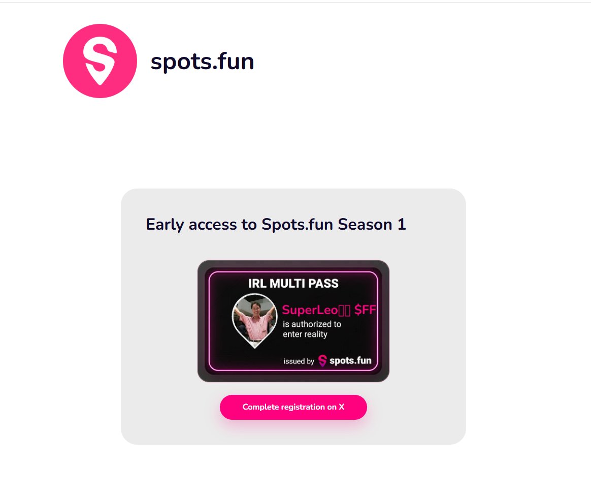 拿个早鸟：由 Alliance <a href="/alliancedao/">Alliance</a> 提供支持
SOL官方关注的项目： <a href="/spotsdotfun/">spots.fun</a> 

去绑定推特注册一下ID成为早期用户
入口：multipass.spots.fun/callback

Spots是基于 Solana、与现实世界关联的游戏
目前不知道有什么用..... 但是先拿吧......