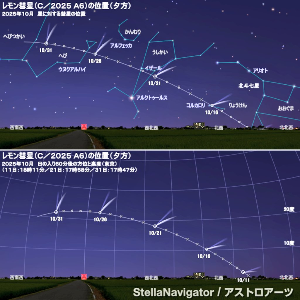 surusuru8463's tweet image. 本日１５日から２１日にかけて、夜空に
【レモン彗星】と【スワン彗星】が地球に最接近、見つける事ができるそうです🌠（２１日に最接近）

そしてその２１日には
【オリオン座流星群】も極大になるそうです🌌

壮大な天体ショー、もし天気が良ければ夜空を見上げてみませんか？