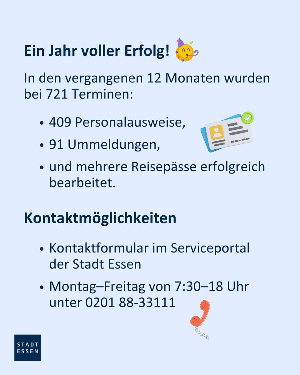 Essen_Ruhr's tweet image. Seit einem Jahr bringt das Bürgeramt Essen wichtige Dienstleistungen direkt zu mobilitätseingeschränkten Bürger*innen.🥳
📊 721 Termine, 409 Ausweise, 91 Ummeldungen – ein voller Erfolg!
ℹ️ essen.de/bürgerkoffer
#stadtessen #essenruhr #bürgerkoffer