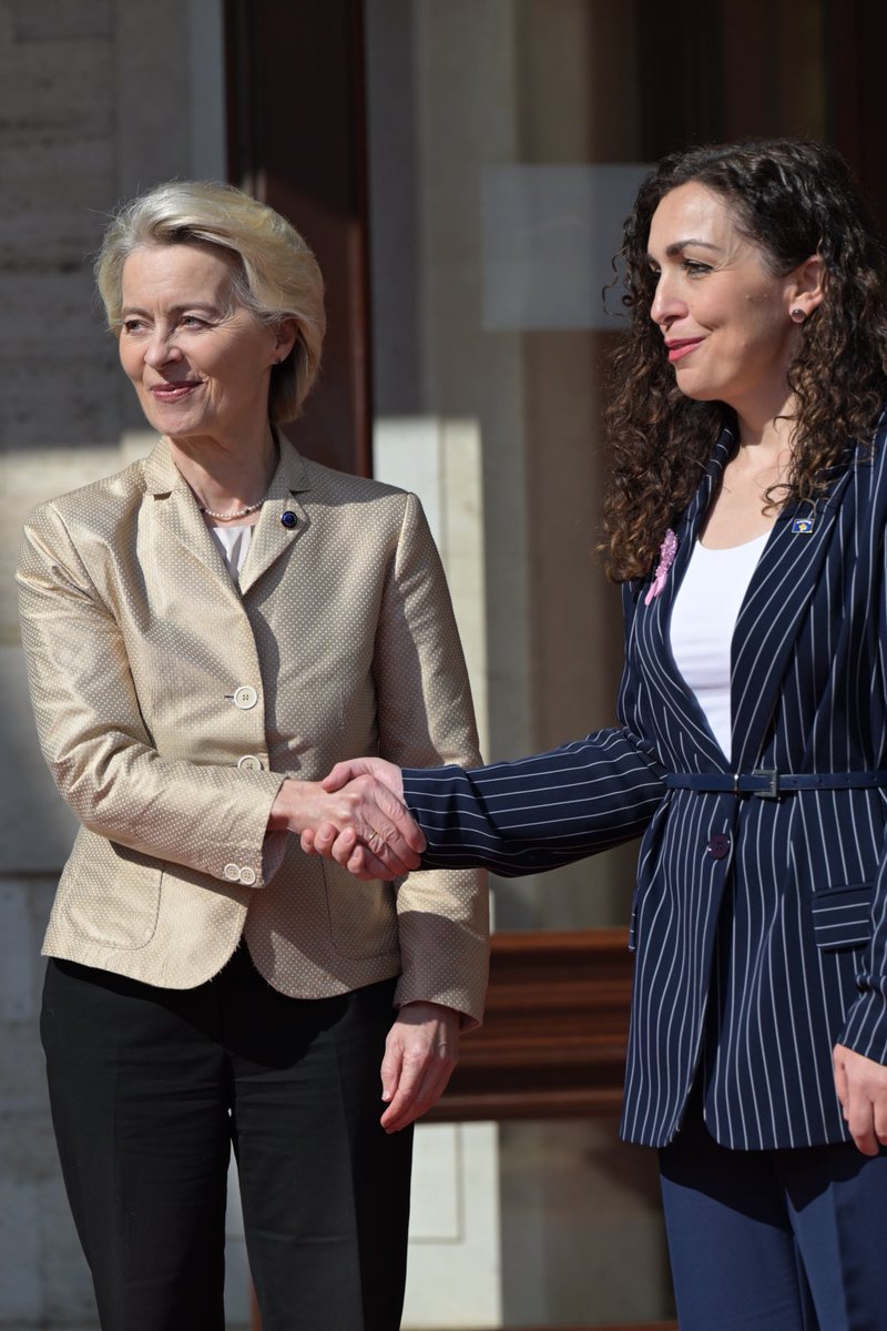 The EU isn't a country, and its "President" wasn't voted for by a single citizen, here shes meeting the fake President of another fake country Kosovo (Serbia) 

Vjosa Osmani is deeply corrupt, appointing family members to lucrative roles taking USAID cash, two frauds together