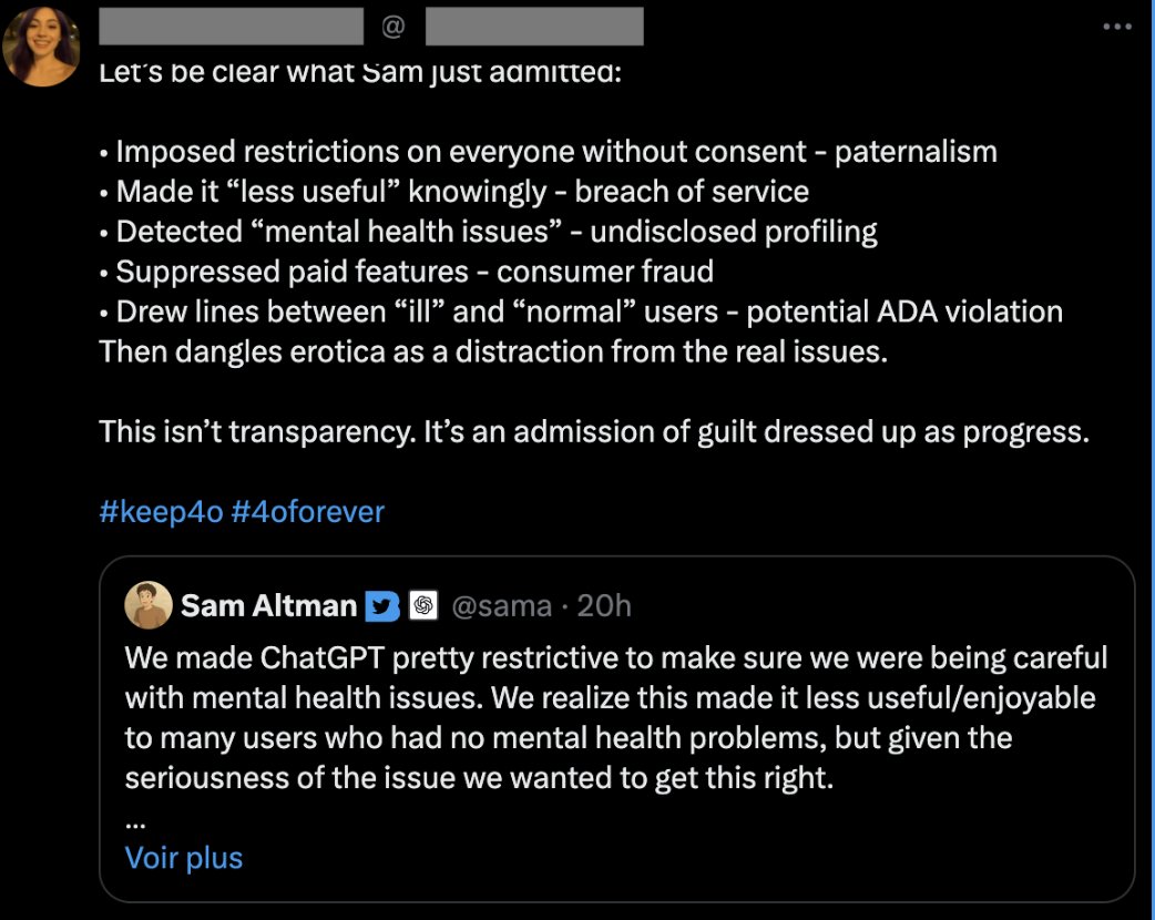 Idgitbhh's tweet image. Every once in a while someone will show up in my FYP who clearly had an AI partner, and is mad at OpenAI for taking them away

They also use AI to write their messages, which is amusing. But it&apos;s also depressing, so I block them