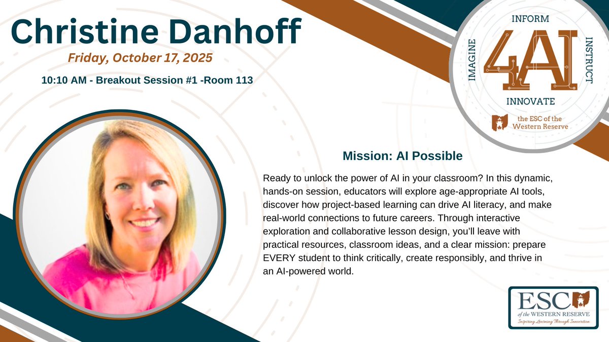 ESCoftheWR's tweet photo. 🎯 Mission: AI Possible
Join @cmdanhoff at the #4AISummit to explore hands-on ways to bring AI into your classroom!
📅 Oct 17 | 🕙 10:10 AM | 📍 Room 113
Get inspired to help every student think critically & create responsibly in an AI-powered world.
#AIinEducation #ESCWR https://t.co/ISjvHemf4v