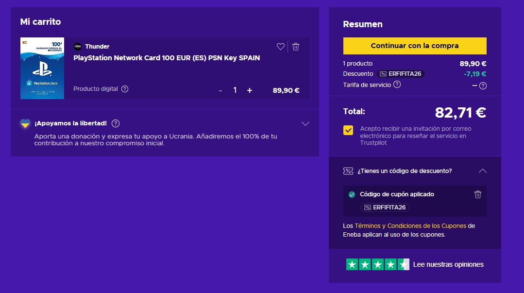 🔥🔥🔥Atención !! 🔥🔥🔥
 Ahora mismo las tarjetas estan TIRADAS de precio en ENEBA !! Mirad esta tarjeta de 100€ de psn con el codigo erfifita26 ... Locura ! Solo funciona desde este enlace !!  ene.ba/ernesingame  
🏃🏽‍♂️‍CORRE !! 🏃🏽‍♂️‍